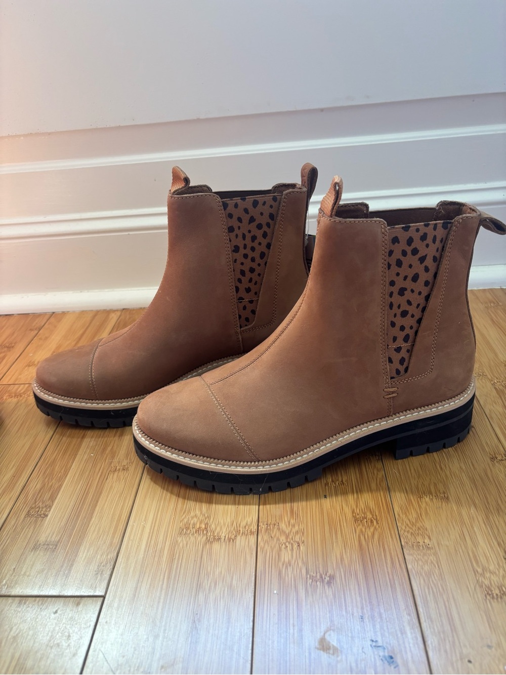 Toms Chestnut Brown Chelsea Booties with Leopard Elastic